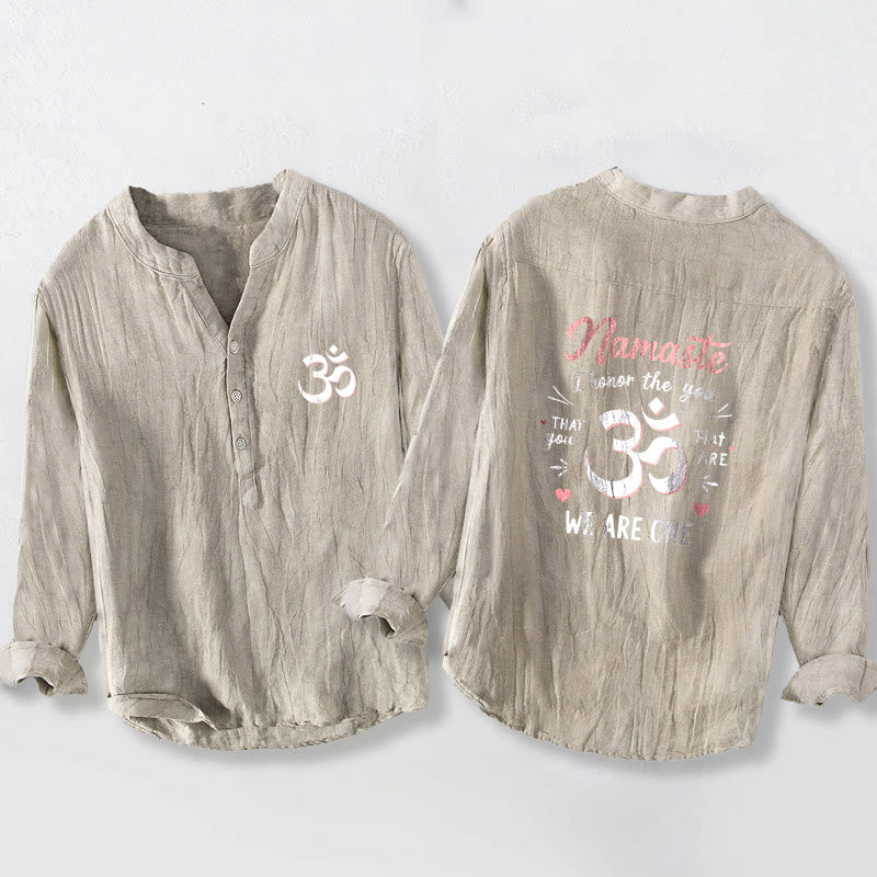 Koszula męska z długim rękawem z bawełny i lnu z motywem Buddha Stones „Namaste, szanuję Cię” z półguzikami i wzorem Om - Bielizna - US/UK/AU50, EU60 (5XL) - image 3