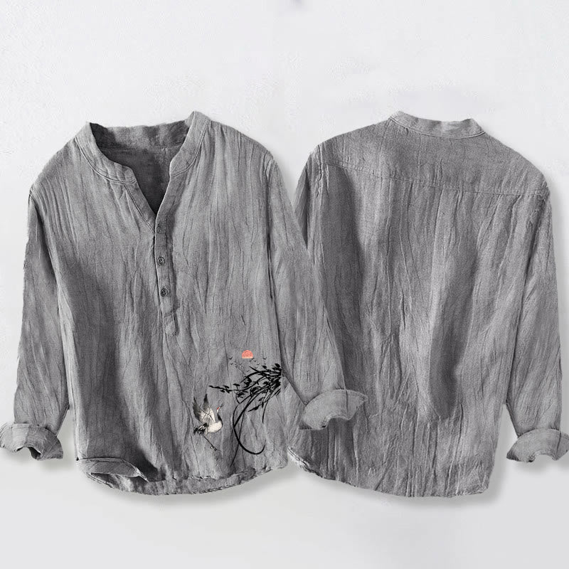 Buddha Stones męska z długim rękawem z bawełny i lnu, z motywem wschodzącego słońca i gałęzi żurawia, zapinana na pół guziki - image 5