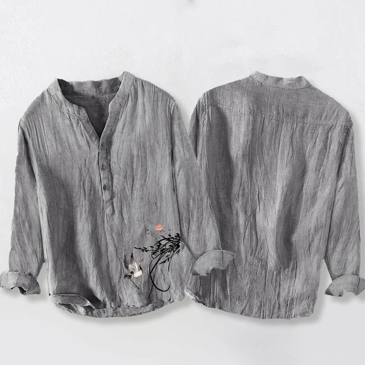 Buddha Stones męska z długim rękawem z bawełny i lnu, z motywem wschodzącego słońca i gałęzi żurawia, zapinana na pół guziki - image 5