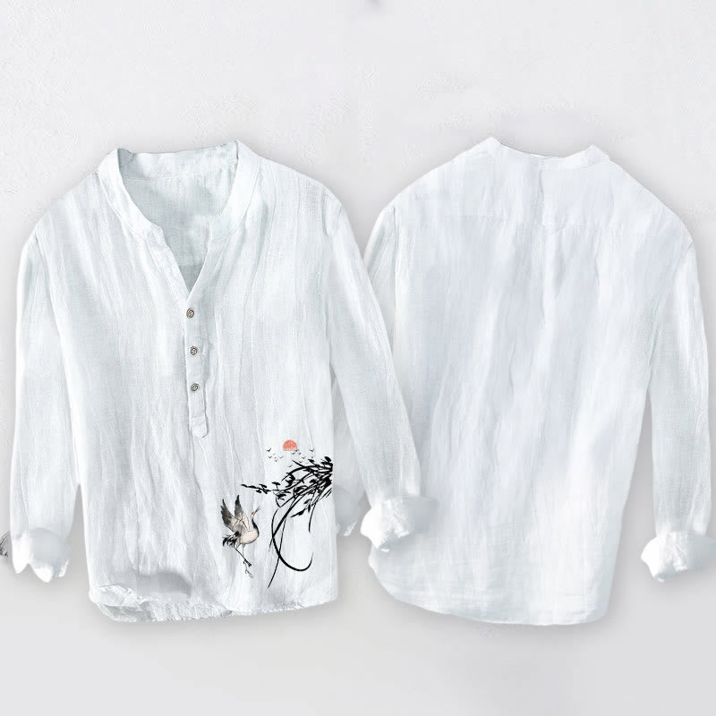 Buddha Stones męska z długim rękawem z bawełny i lnu, z motywem wschodzącego słońca i gałęzi żurawia, zapinana na pół guziki - image 8