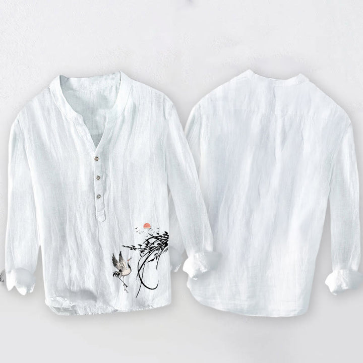 Buddha Stones męska z długim rękawem z bawełny i lnu, z motywem wschodzącego słońca i gałęzi żurawia, zapinana na pół guziki - image 8