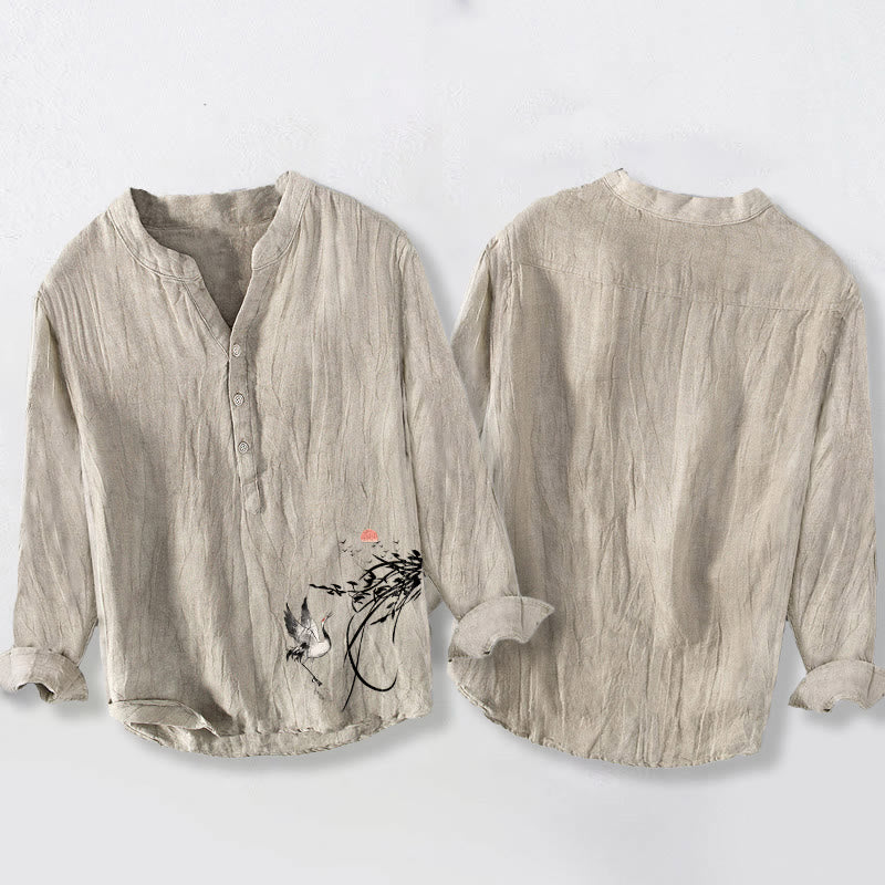 Buddha Stones męska z długim rękawem z bawełny i lnu, z motywem wschodzącego słońca i gałęzi żurawia, zapinana na pół guziki - image 2