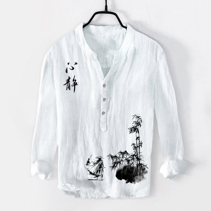 Koszula męska z długim rękawem z bawełny i lnu , z Buddha Stones, bambusem i chińskim wzorem szermierza, zapinana na pół guziki - Biały - US/UK/AU50, EU60 (5XL) - image 6