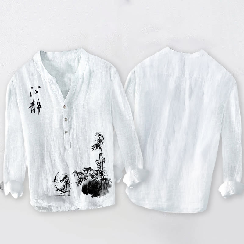 Koszula męska z długim rękawem z bawełny i lnu , z Buddha Stones, bambusem i chińskim wzorem szermierza, zapinana na pół guziki - image 8