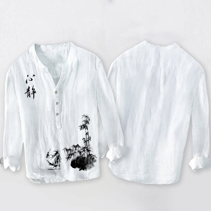 Koszula męska z długim rękawem z bawełny i lnu , z Buddha Stones, bambusem i chińskim wzorem szermierza, zapinana na pół guziki - image 8