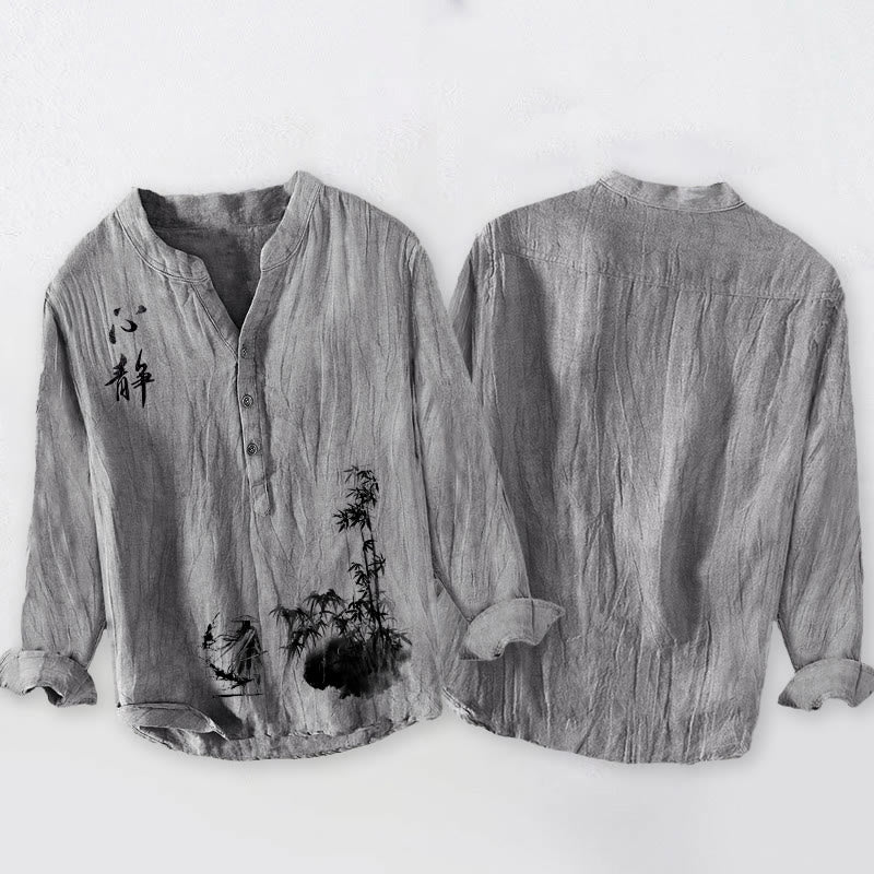Koszula męska z długim rękawem z bawełny i lnu , z Buddha Stones, bambusem i chińskim wzorem szermierza, zapinana na pół guziki - image 5