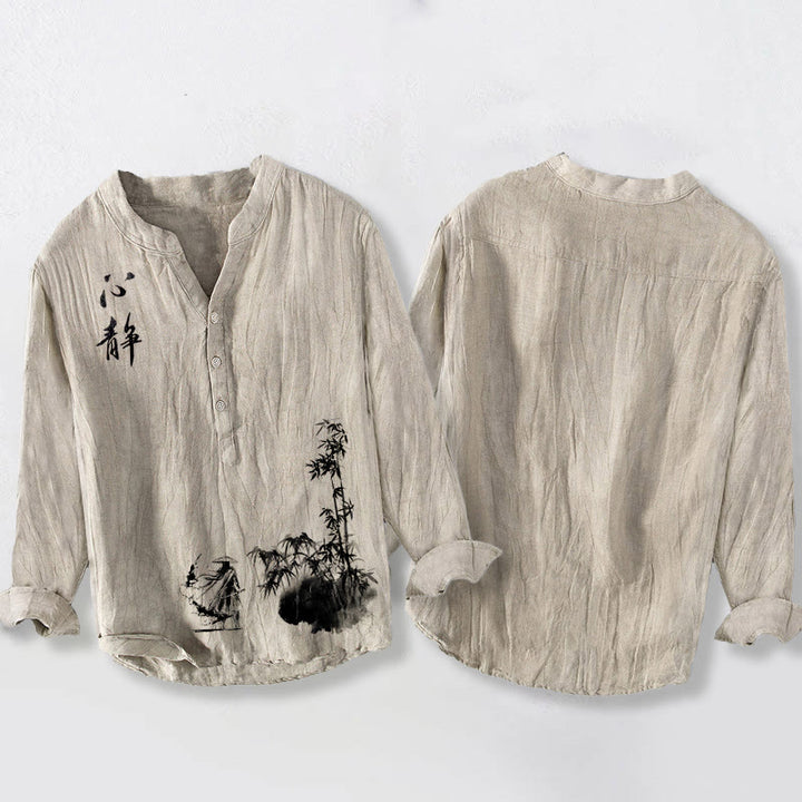 Koszula męska z długim rękawem z bawełny i lnu , z Buddha Stones, bambusem i chińskim wzorem szermierza, zapinana na pół guziki - image 2