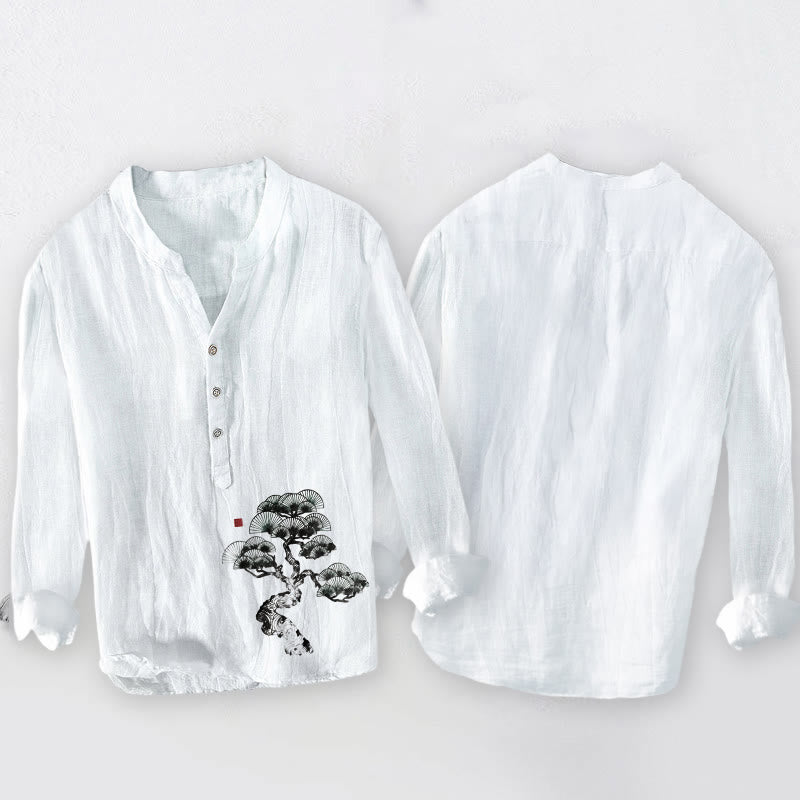 Koszula męska z długim rękawem z bawełny i lnu z motywem sosny i Buddha Stones, zapinana na pół guziki - image 8