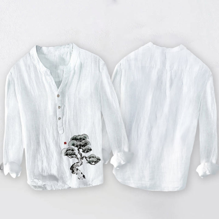 Koszula męska z długim rękawem z bawełny i lnu z motywem sosny i Buddha Stones, zapinana na pół guziki - image 8