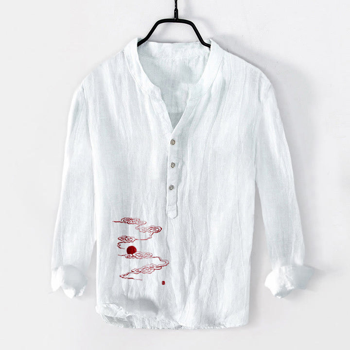Koszula męska z długim rękawem z bawełny i lnu , z Buddha Stones, pomyślnymi chmurami i czerwonym wzorem słońca, zapinana na pół guziki - Biały - US/UK/AU50, EU60 (5XL) - image 3