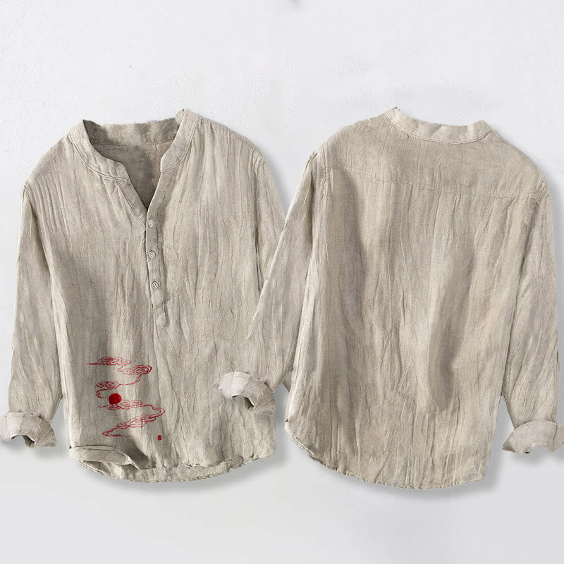 Koszula męska z długim rękawem z bawełny i lnu , z Buddha Stones, pomyślnymi chmurami i czerwonym wzorem słońca, zapinana na pół guziki - image 8