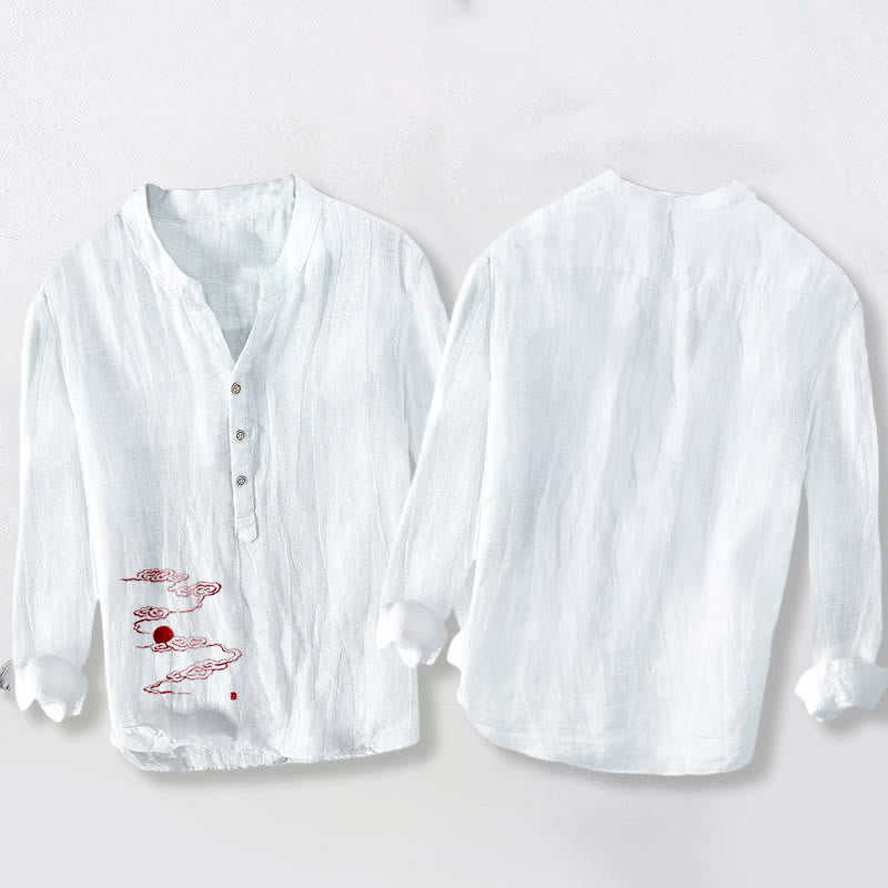 Koszula męska z długim rękawem z bawełny i lnu , z Buddha Stones, pomyślnymi chmurami i czerwonym wzorem słońca, zapinana na pół guziki - image 5