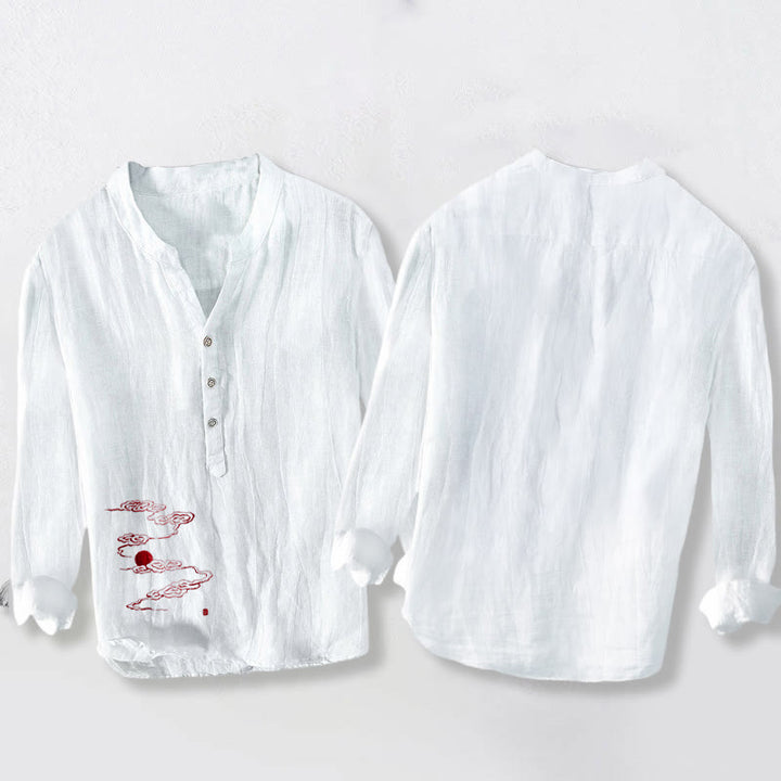 Koszula męska z długim rękawem z bawełny i lnu , z Buddha Stones, pomyślnymi chmurami i czerwonym wzorem słońca, zapinana na pół guziki - image 5