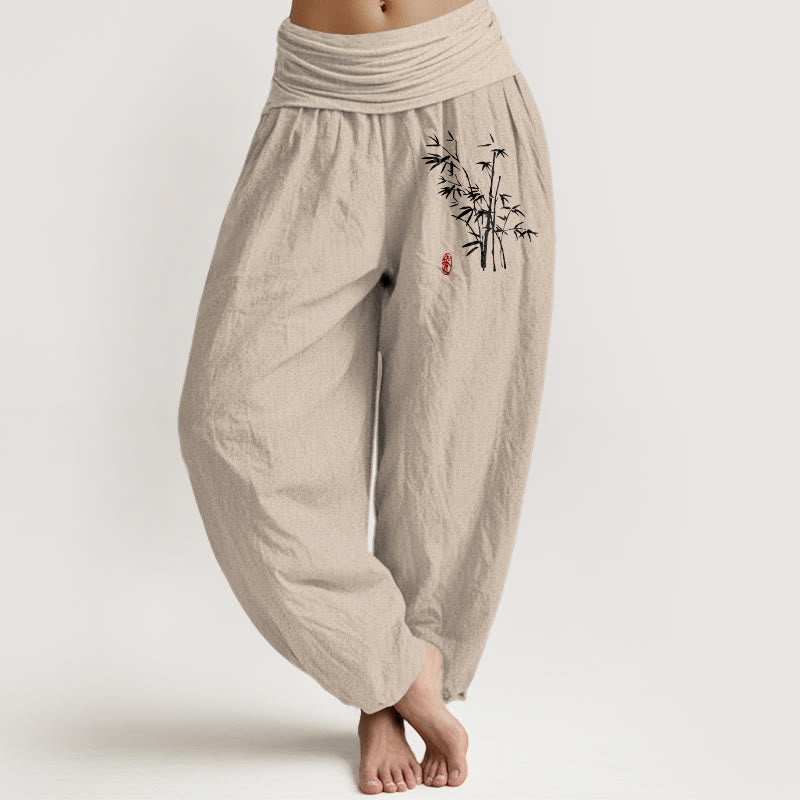Buddha Stones Luźne spodnie damskie z bawełny harem z elastycznym pasem i wzorem liści bambusa - Dębnik - US16, UK/AU20, EU48 (3XL) - image 0