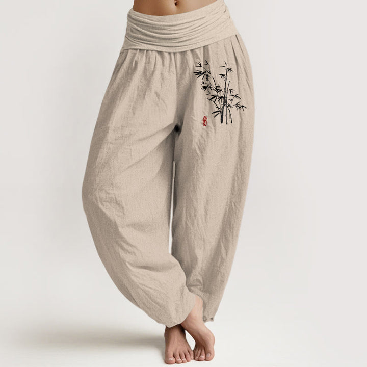 Buddha Stones Luźne spodnie damskie z bawełny harem z elastycznym pasem i wzorem liści bambusa - Dębnik - US16, UK/AU20, EU48 (3XL) - image 0