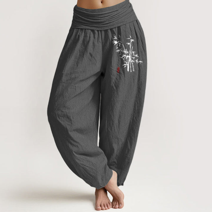 Buddha Stones Luźne spodnie damskie z bawełny harem z elastycznym pasem i wzorem liści bambusa - DimGray - US16, UK/AU20, EU48 (3XL) - image 8
