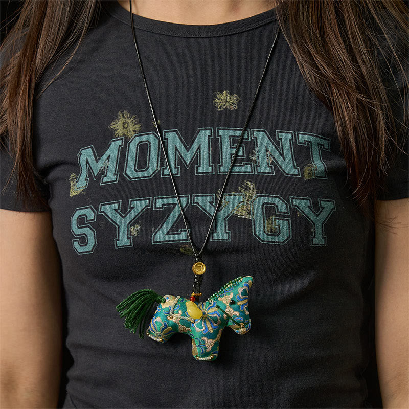 Buddha Stones Rok Konia Pieśń Brokat Jedwab Czterostronny Skarb Wiszący Ozdoba - image 5