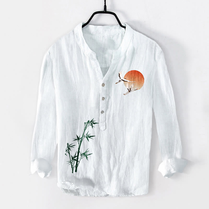 Koszula męska z długim rękawem z bawełny i lnu, z motywem Buddha Stones , żurawia słonecznego i liści bambusa, zapinana na pół guziki - Biały - US/UK/AU50, EU60 (5XL) - image 6