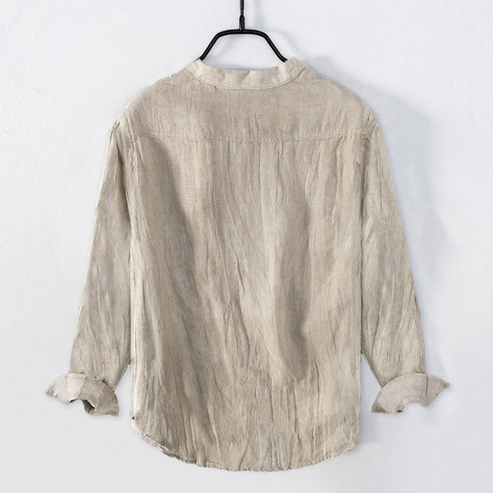 Koszula męska z długim rękawem z bawełny i lnu, z motywem Buddha Stones , żurawia słonecznego i liści bambusa, zapinana na pół guziki - image 1