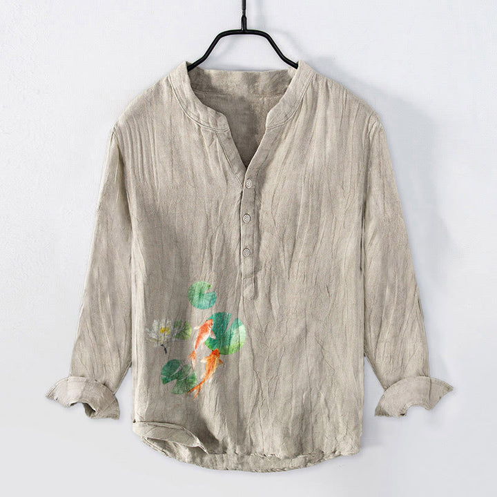 Koszula męska z długim rękawem z bawełny i lnu, z Buddha Stones ryb Koi i liści lotosu, zapinana na pół guziki - Bielizna - US/UK/AU50, EU60 (5XL) - image 3