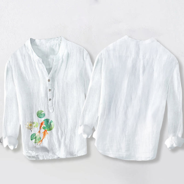 Koszula męska z długim rękawem z bawełny i lnu, z Buddha Stones ryb Koi i liści lotosu, zapinana na pół guziki - image 2