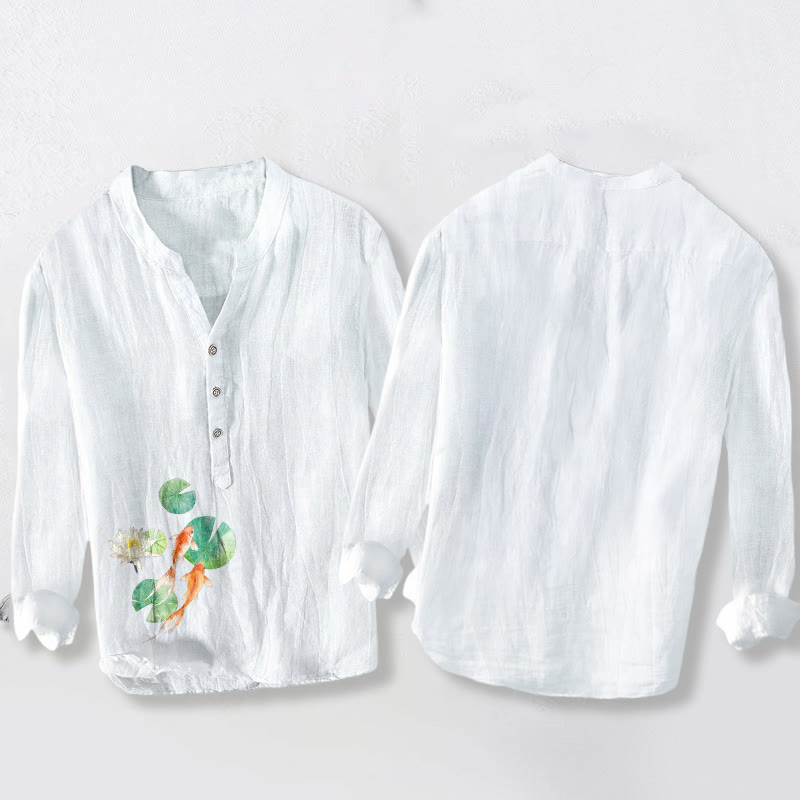 Koszula męska z długim rękawem z bawełny i lnu, z Buddha Stones ryb Koi i liści lotosu, zapinana na pół guziki - image 2