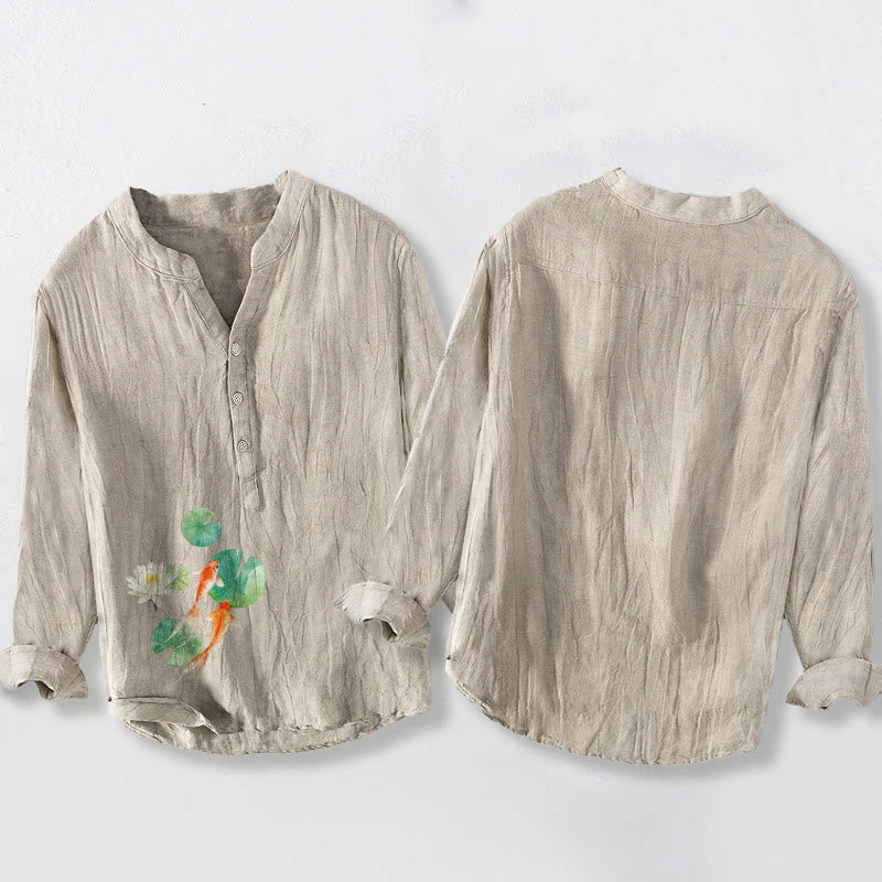 Koszula męska z długim rękawem z bawełny i lnu, z Buddha Stones ryb Koi i liści lotosu, zapinana na pół guziki - image 5