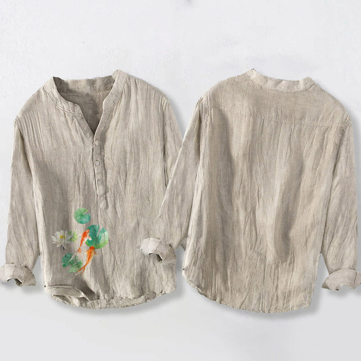 Koszula męska z długim rękawem z bawełny i lnu, z Buddha Stones ryb Koi i liści lotosu, zapinana na pół guziki - image 5