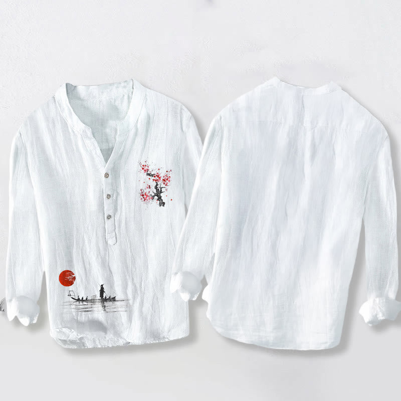 Koszula męska z długim rękawem z bawełny i lnu, z motywem słonecznika i kwiatami śliwy, z półguzikami i wzorem Buddha Stones - image 8