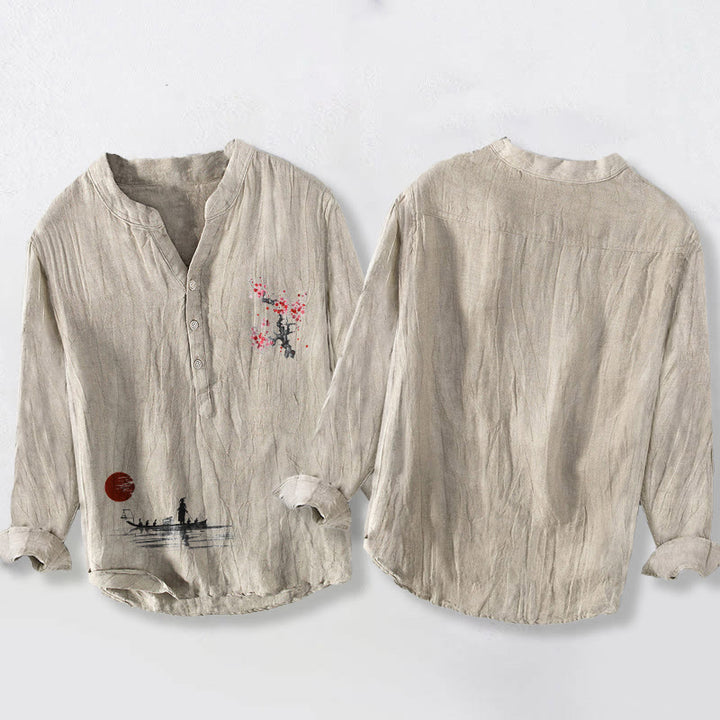 Koszula męska z długim rękawem z bawełny i lnu, z motywem słonecznika i kwiatami śliwy, z półguzikami i wzorem Buddha Stones - image 2