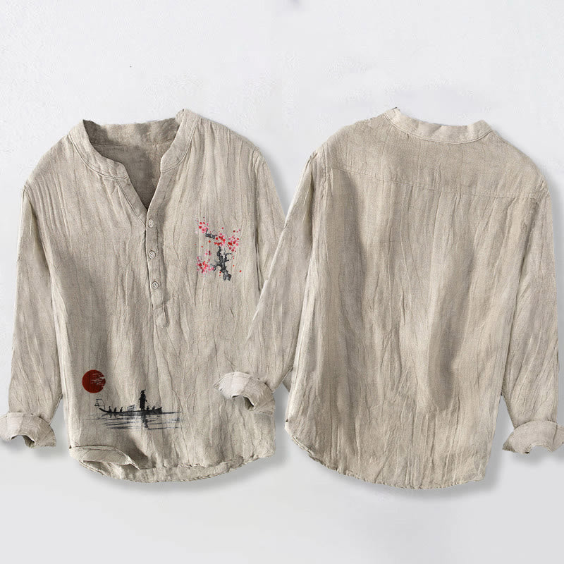 Koszula męska z długim rękawem z bawełny i lnu, z motywem słonecznika i kwiatami śliwy, z półguzikami i wzorem Buddha Stones - image 2