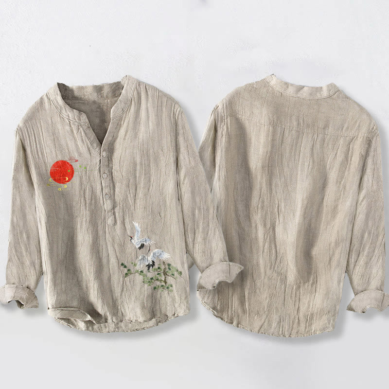 Koszula męska z długim rękawem z bawełny i lnu, z motywem drzew i żurawia słonecznego, zapinana na guziki, z Buddha Stones - image 8