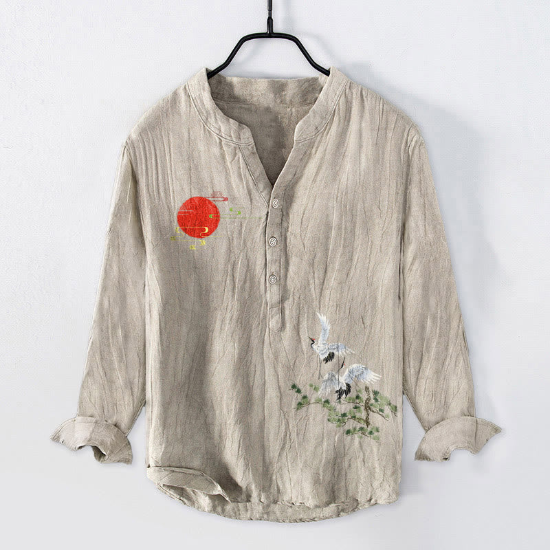 Koszula męska z długim rękawem z bawełny i lnu, z motywem drzew i żurawia słonecznego, zapinana na guziki, z Buddha Stones - Bielizna - US/UK/AU50, EU60 (5XL) - image 6