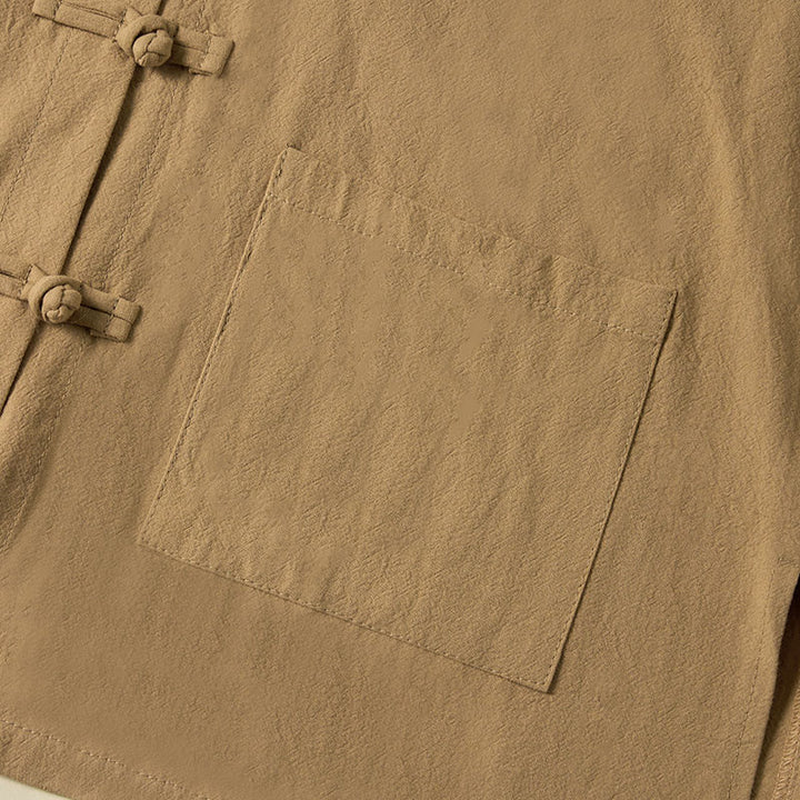 Koszula damska bawełniana z długim rękawem i stójką, z kieszeniami i etnicznymi guzikami żaby z motywem Buddha Stones - image 5