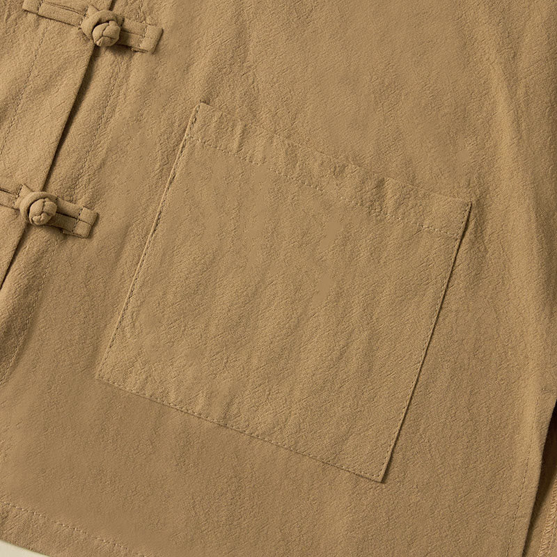 Koszula damska bawełniana z długim rękawem i stójką, z kieszeniami i etnicznymi guzikami żaby z motywem Buddha Stones - image 5