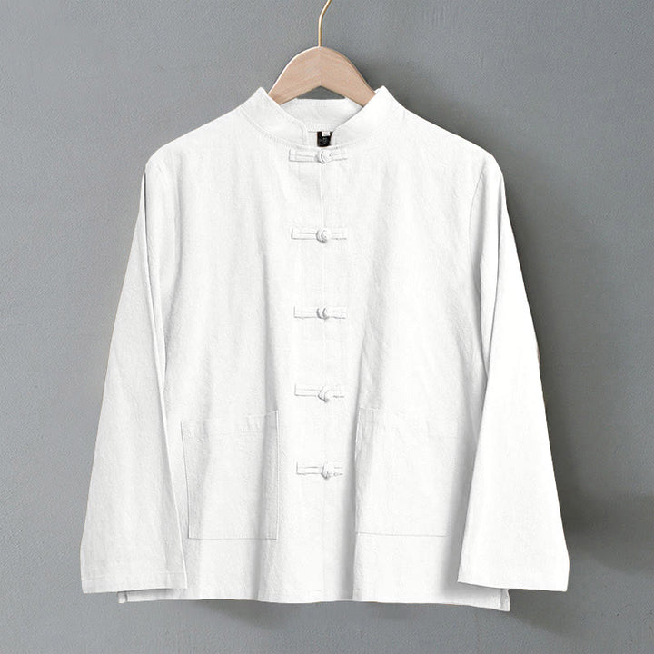 Koszula damska bawełniana z długim rękawem i stójką, z kieszeniami i etnicznymi guzikami żaby z motywem Buddha Stones - image 8