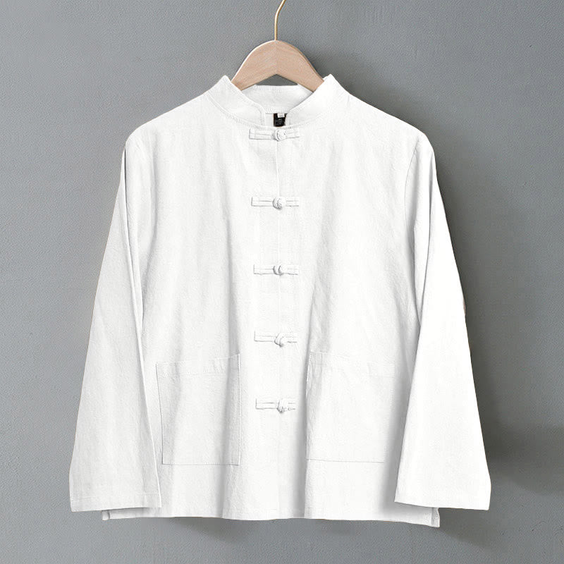 Koszula damska bawełniana z długim rękawem i stójką, z kieszeniami i etnicznymi guzikami żaby z motywem Buddha Stones - image 8