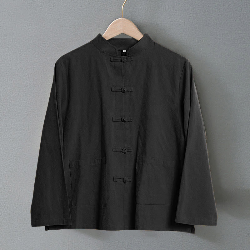 Koszula damska bawełniana z długim rękawem i stójką, z kieszeniami i etnicznymi guzikami żaby z motywem Buddha Stones - image 15