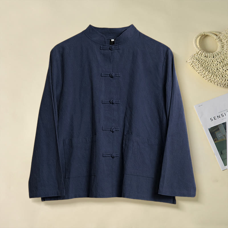 Koszula damska bawełniana z długim rękawem i stójką, z kieszeniami i etnicznymi guzikami żaby z motywem Buddha Stones - MidnightBlue - US12, UK/AU16, EU44 (2XL) - image 21