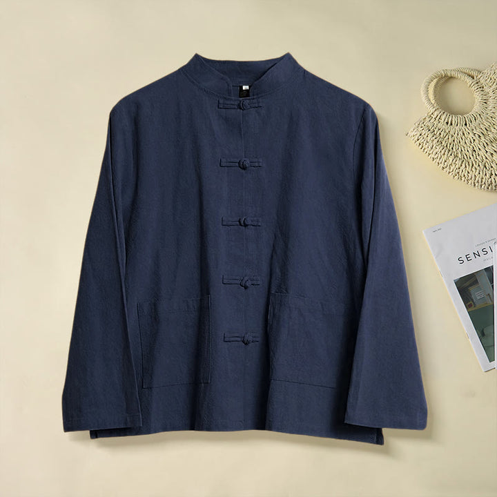 Koszula damska bawełniana z długim rękawem i stójką, z kieszeniami i etnicznymi guzikami żaby z motywem Buddha Stones - MidnightBlue - US12, UK/AU16, EU44 (2XL) - image 21