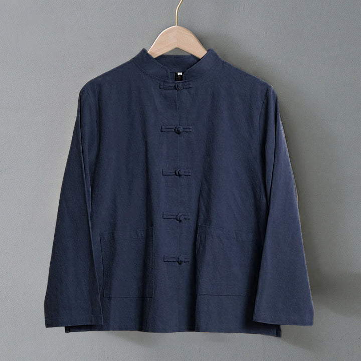 Koszula damska bawełniana z długim rękawem i stójką, z kieszeniami i etnicznymi guzikami żaby z motywem Buddha Stones - image 22