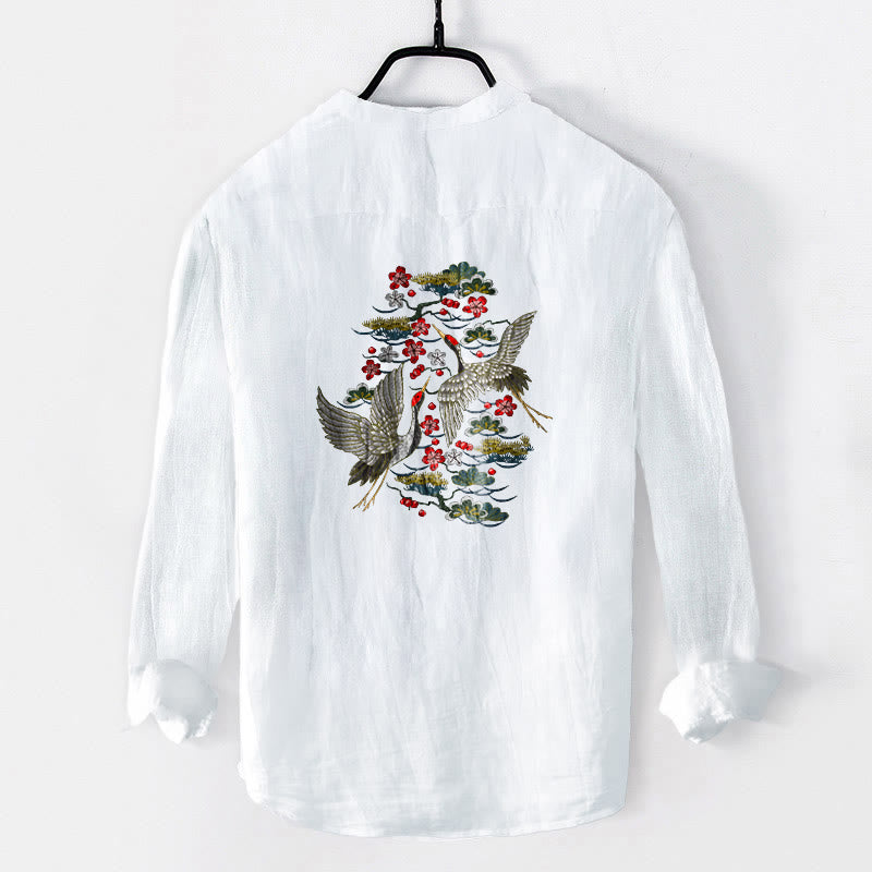 Koszula męska z długim rękawem z bawełny i lnu , z Buddha Stones, żurawiem i kwiatami sosny, zapinana na pół guziki - image 2