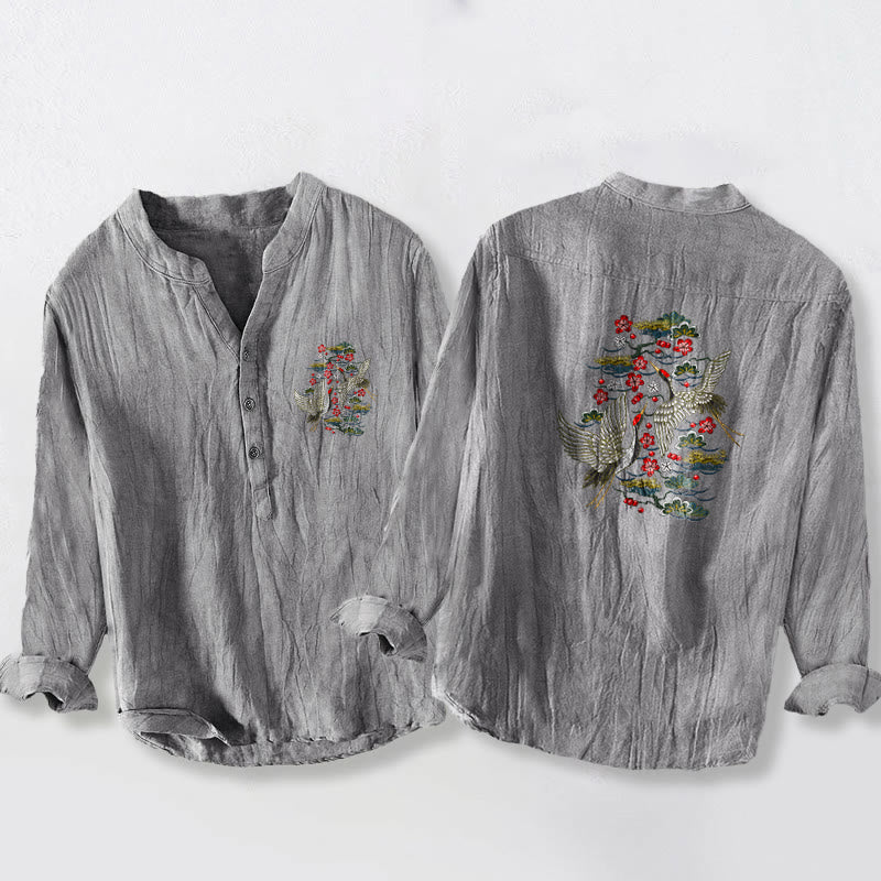 Koszula męska z długim rękawem z bawełny i lnu , z Buddha Stones, żurawiem i kwiatami sosny, zapinana na pół guziki - Szary - US/UK/AU50, EU60 (5XL) - image 6