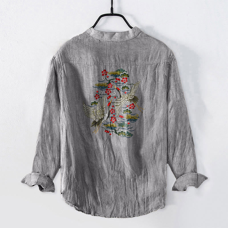 Koszula męska z długim rękawem z bawełny i lnu , z Buddha Stones, żurawiem i kwiatami sosny, zapinana na pół guziki - image 8