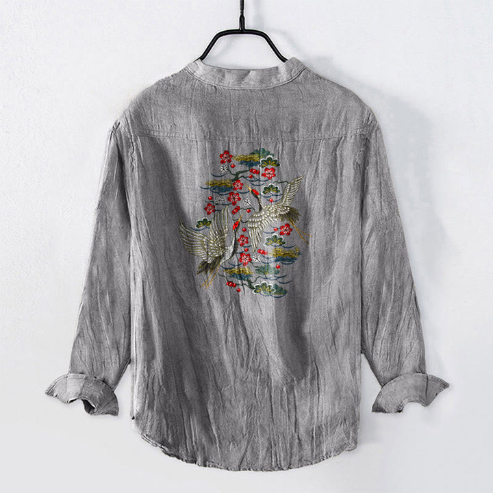 Koszula męska z długim rękawem z bawełny i lnu , z Buddha Stones, żurawiem i kwiatami sosny, zapinana na pół guziki - image 8