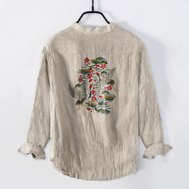 Koszula męska z długim rękawem z bawełny i lnu , z Buddha Stones, żurawiem i kwiatami sosny, zapinana na pół guziki - image 5