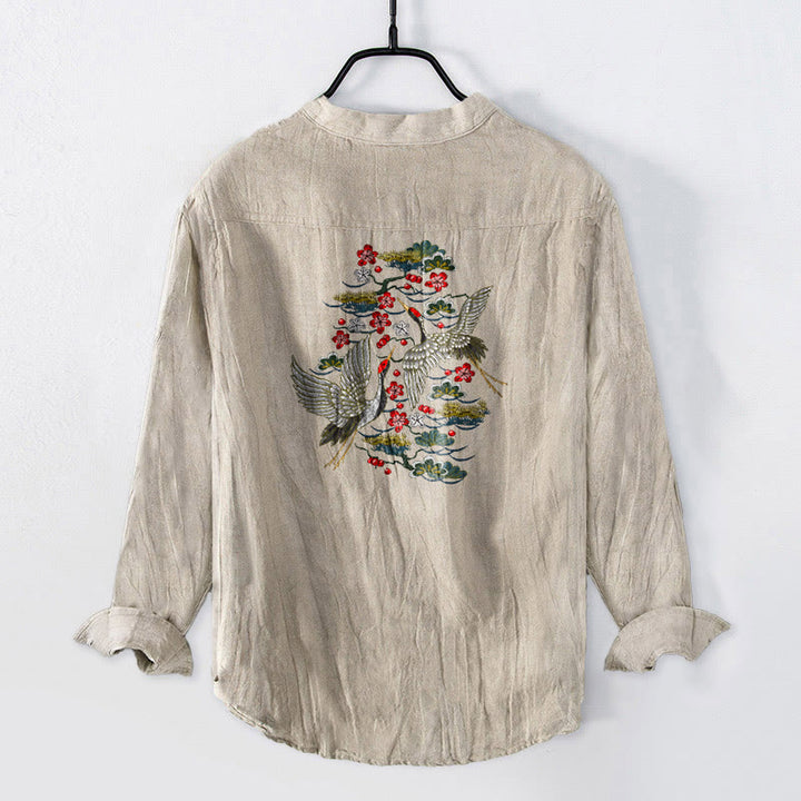 Koszula męska z długim rękawem z bawełny i lnu , z Buddha Stones, żurawiem i kwiatami sosny, zapinana na pół guziki - image 5
