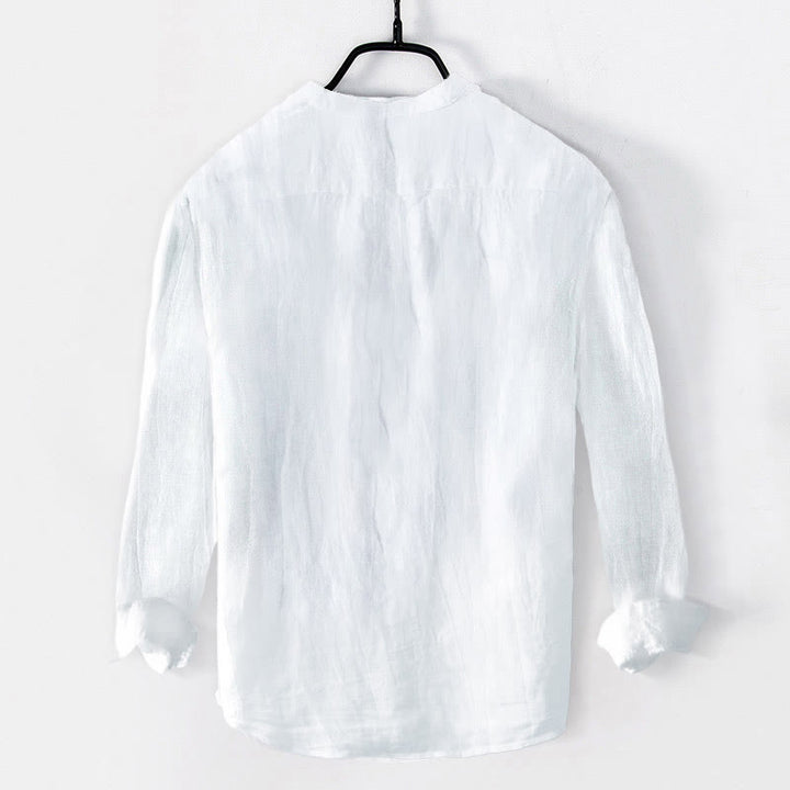 Koszula męska z długim rękawem z bawełny i lnu z motywem kwiatów brzoskwini w kolorze czerwonym i Buddha Stones na pół guziki - image 7