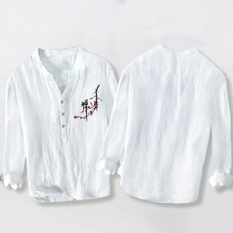 Koszula męska z długim rękawem z bawełny i lnu z motywem kwiatów brzoskwini w kolorze czerwonym i Buddha Stones na pół guziki - image 8