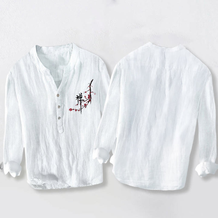 Koszula męska z długim rękawem z bawełny i lnu z motywem kwiatów brzoskwini w kolorze czerwonym i Buddha Stones na pół guziki - image 8